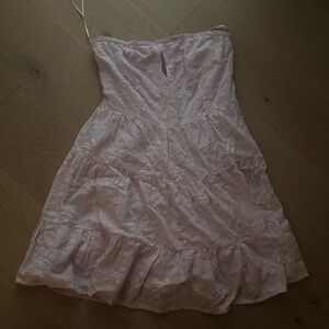 light purple strapless dress with embroidered flowers